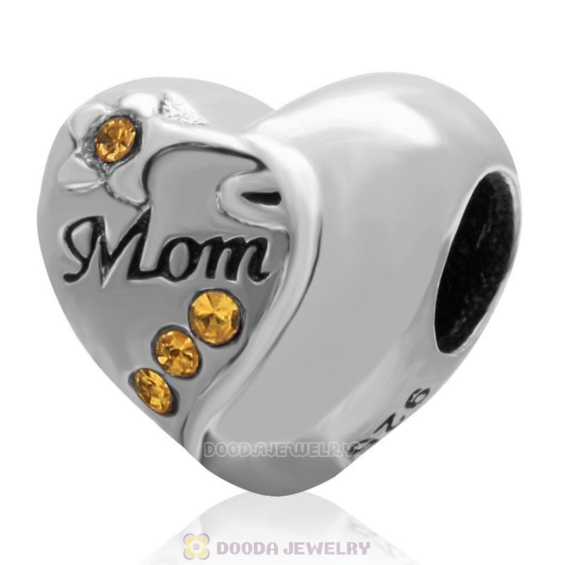 925 Sterling Silver Mom Heart Love Bead with Topaz Crystal