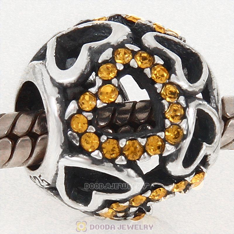 Sterling Silver love Hearts Charm with Topaz Heart Austrian Crystal