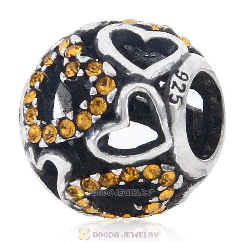 Sterling Silver love Hearts Charm with Topaz Heart Austrian Crystal