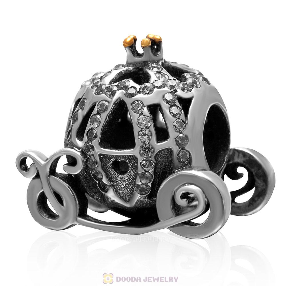 925 Sterling Silver Sparkling Pumpkin Coach Charm with Clear Cz