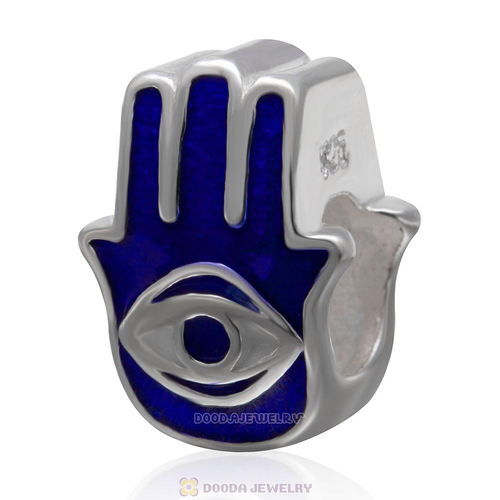 925 Sterling Silver Hamsa Hand Charm Bead with Blue Enamel