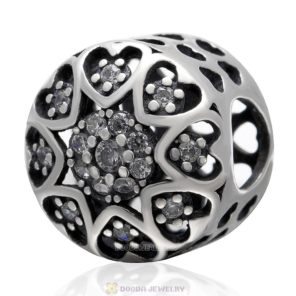 925 Sterling Silver Openwork Love Heart Charm Bead with Clear Cz