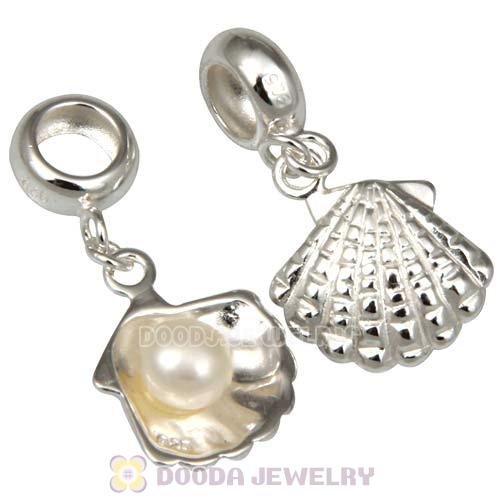 Sterling European Shell Dangle Pendant Charm With Natural Freshwater Pearl Wholesale
