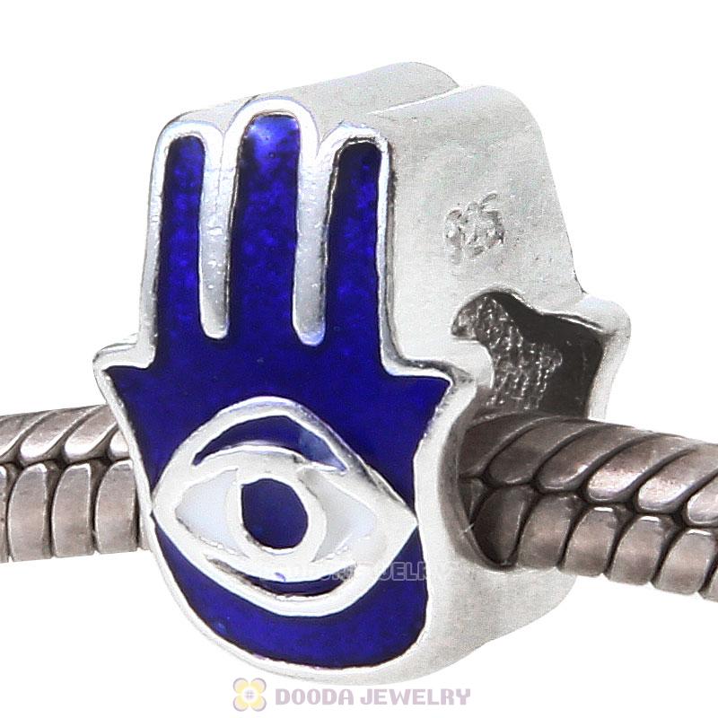 925 Sterling Silver Hamsa Hand Charm Bead with Blue Enamel