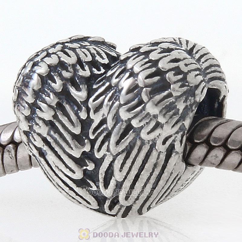 Antique 925 Sterling Silver Angelic Feathers Heart Charm Bead