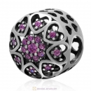 925 Sterling Silver Openwork Love Heart Charm Bead with Pink Cz