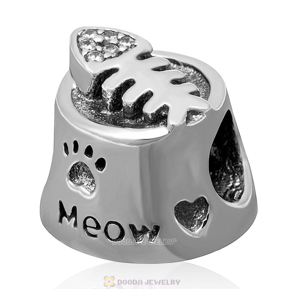 925 Sterling Silver Meow with Clear CZ Charm Bead