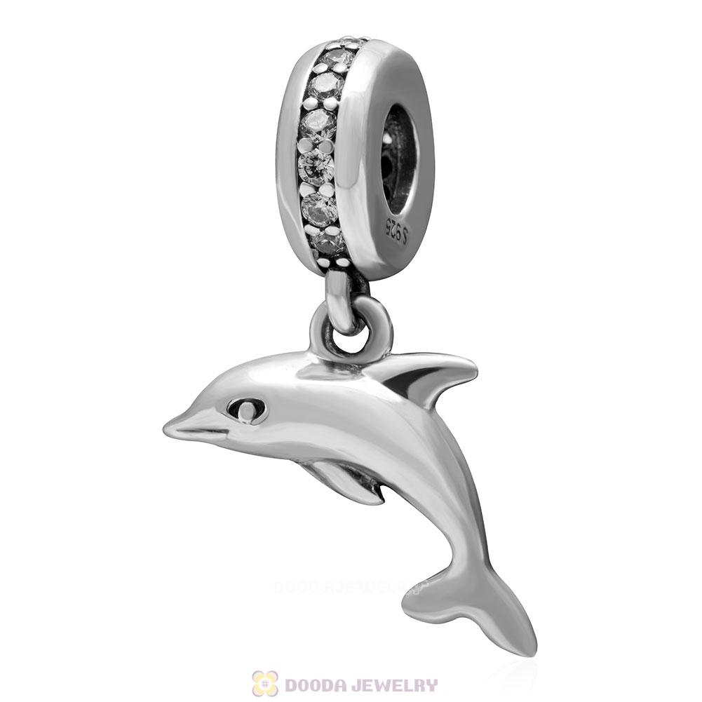 925 Sterling Silver Playful Dolphin with Clear CZ Dangle Bead