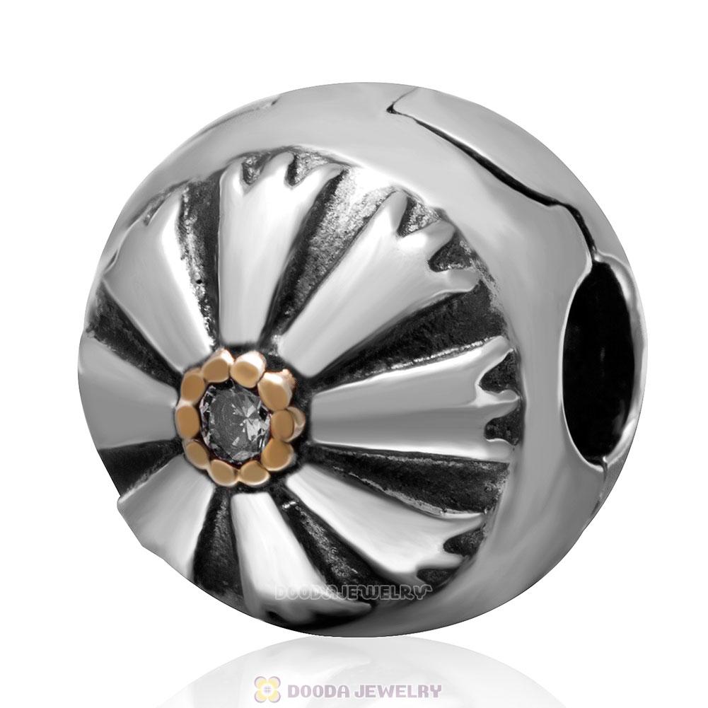 925 Sterling Silver Friendship Flower with Clear CZ Clip Bead Charm
