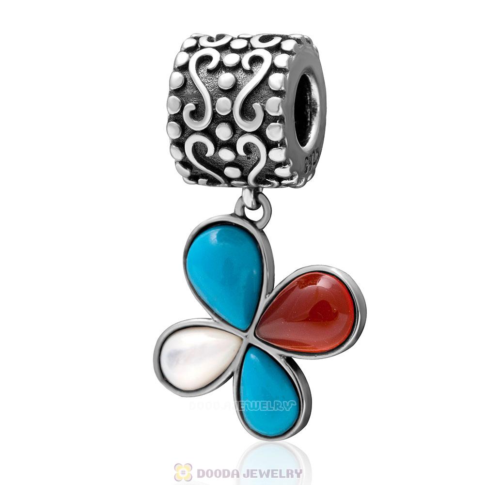 925 Sterling Silver Dangle Natural Turquoise Flower Charm 