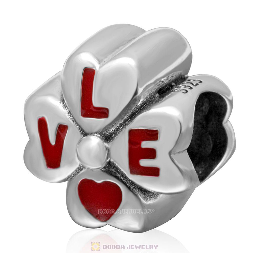 925 Sterling Silve Love Four Leaf Clover Bead with Red Enamel
