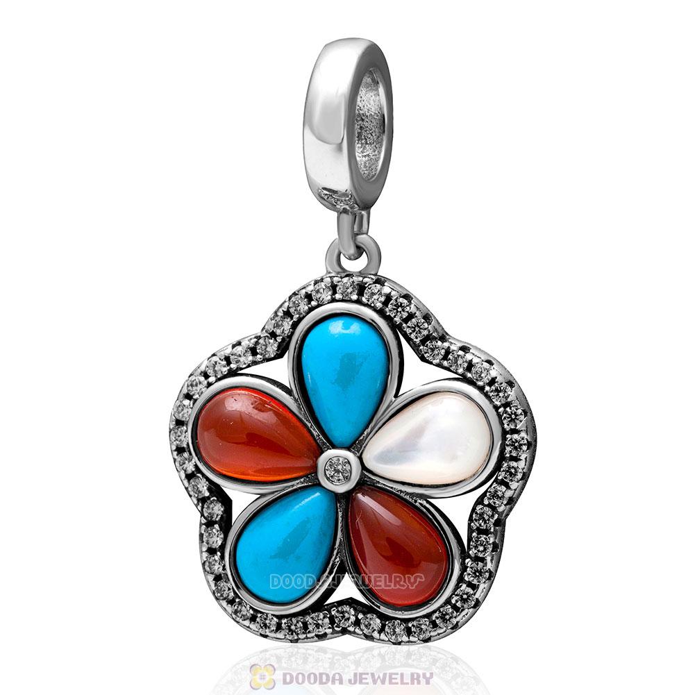 925 Sterling Silver Dangle Natural Turquoise Clear Cz Flower Charm