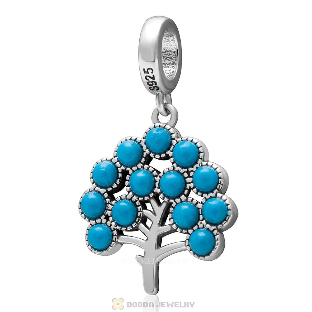 925 Sterling Silver Dangle Natural Turquoise Family Tree Charm 