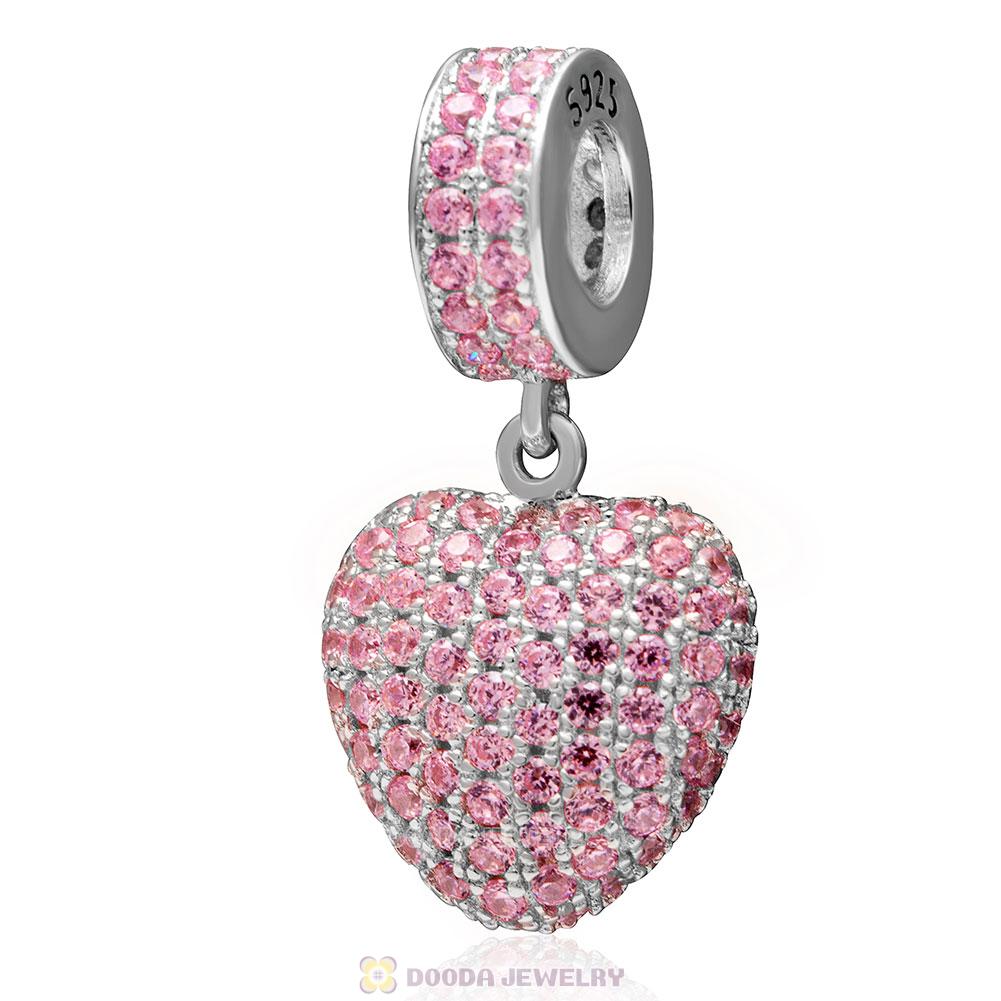 925 Sterling Silver Love Heart Dangle Bead with Pave Pink Cz