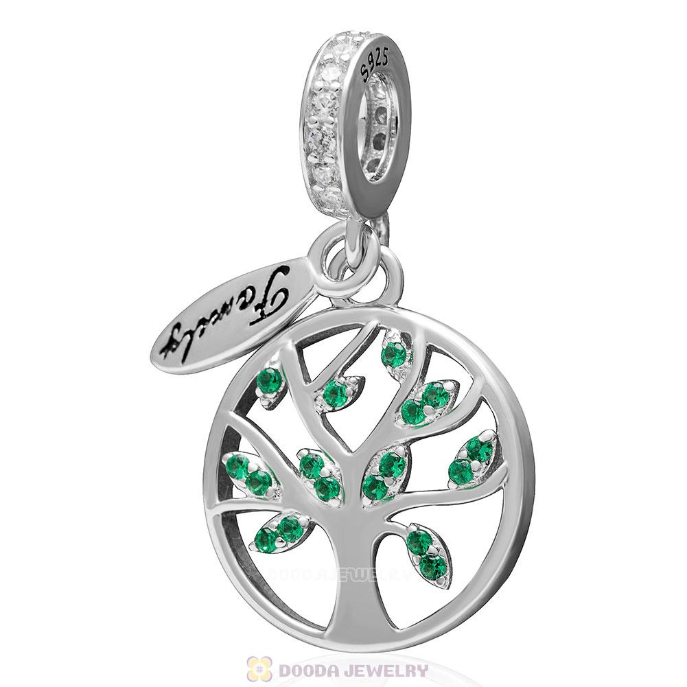 925 Sterling Silver Family Tree Dangle with Green CZ Charm