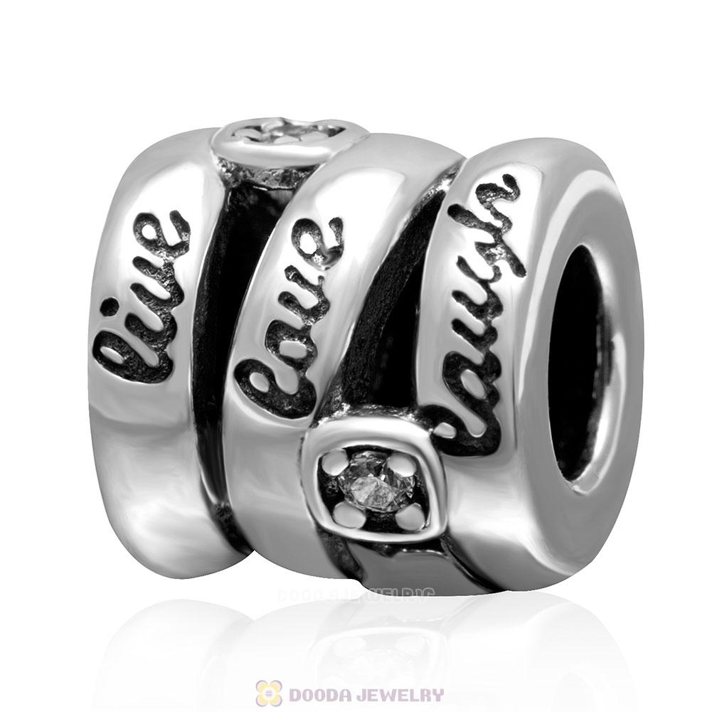 925 Sterling Silver Live Love Laugh with Clear CZ Charm Bead