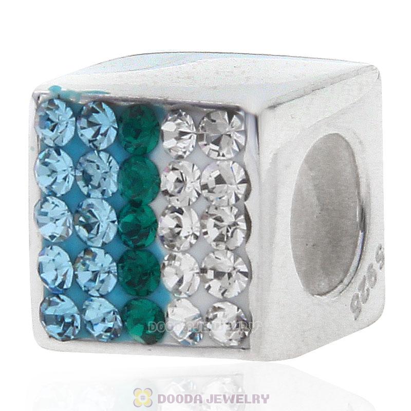 925 Sterling Silver Dice Charm Beads with White Blue and Green Austrian Crystal Wholesale