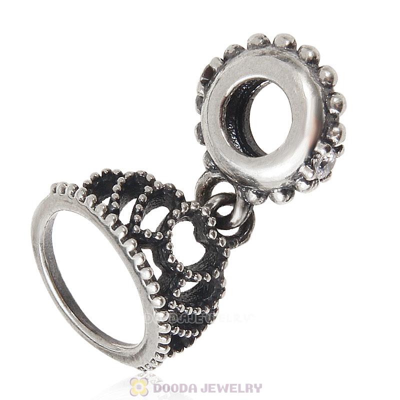 925 Sterling Silver Hearts Tiara Charm with Clear CZ Dangle Bead