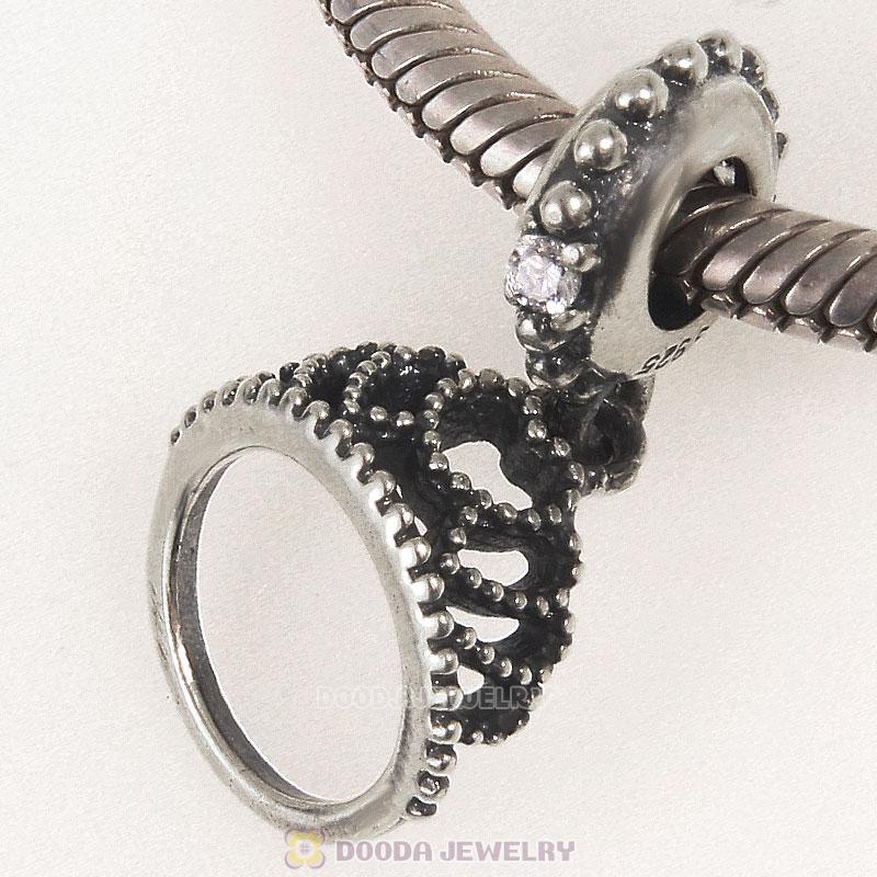 925 Sterling Silver Hearts Tiara Charm with Clear CZ Dangle Bead
