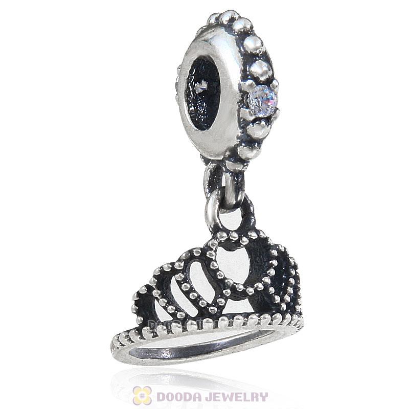 925 Sterling Silver Hearts Tiara Charm with Clear CZ Dangle Bead