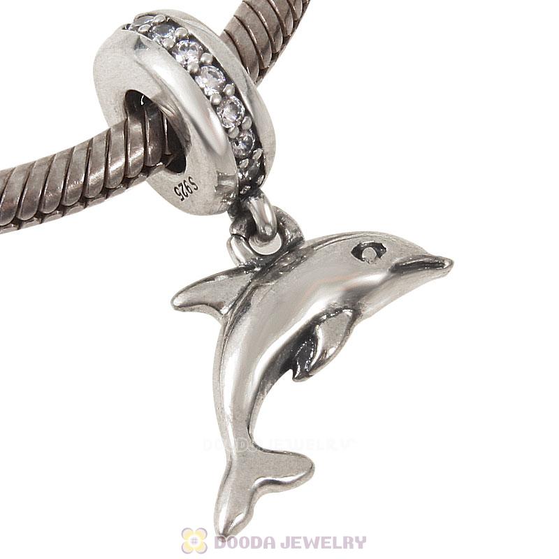 925 Sterling Silver Playful Dolphin with Clear CZ Dangle Bead