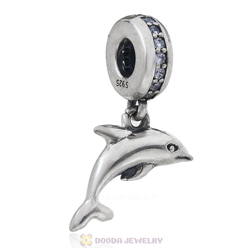 925 Sterling Silver Playful Dolphin with Clear CZ Dangle Bead