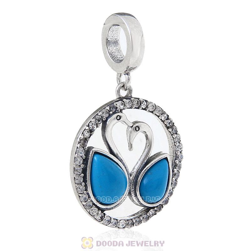925 Sterling Silver Elegance Swan Dangle Charm with Natural Turquoise