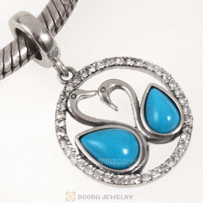 925 Sterling Silver Elegance Swan Dangle Charm with Natural Turquoise