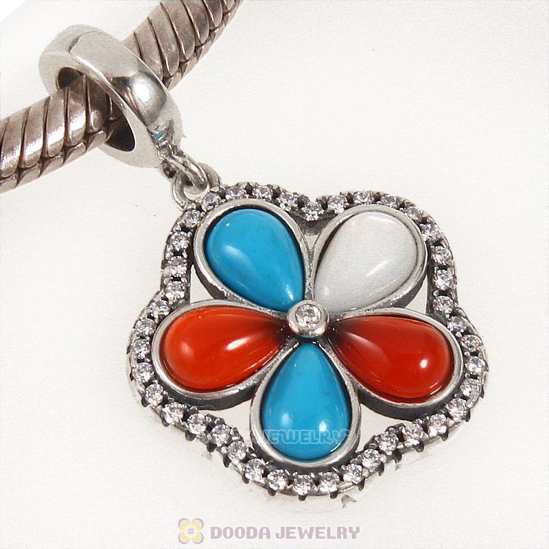 925 Sterling Silver Dangle Natural Turquoise Clear Cz Flower Charm 