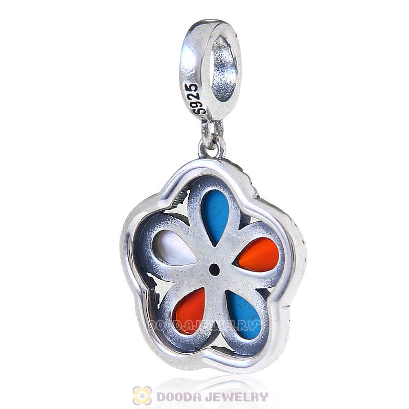 925 Sterling Silver Dangle Natural Turquoise Clear Cz Flower Charm 