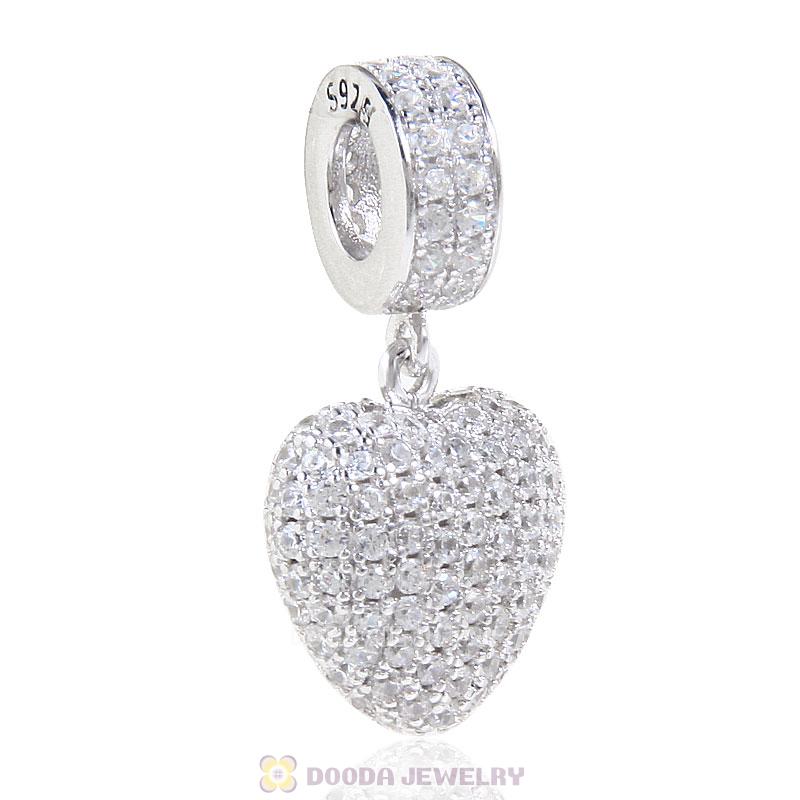 925 Sterling Silver Love Heart Dangle Bead with Pave Clear Cz