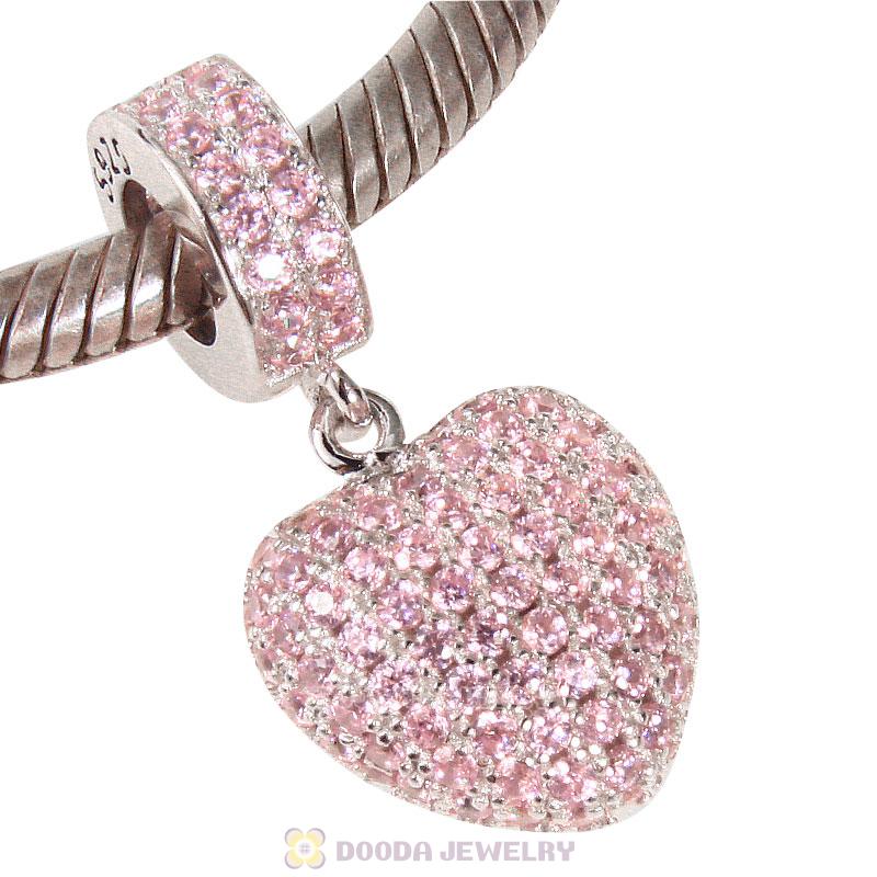 925 Sterling Silver Love Heart Dangle Bead with Pave Pink Cz