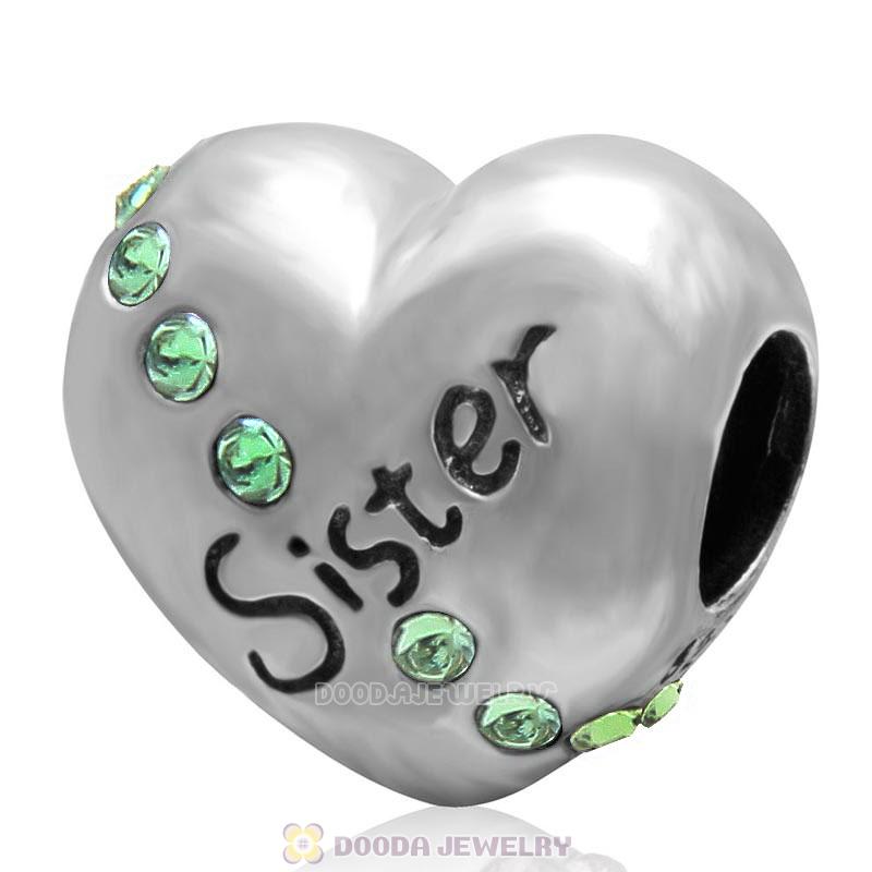 925 Sterling Silver Peridot Crystal Sister Heart Love Bead