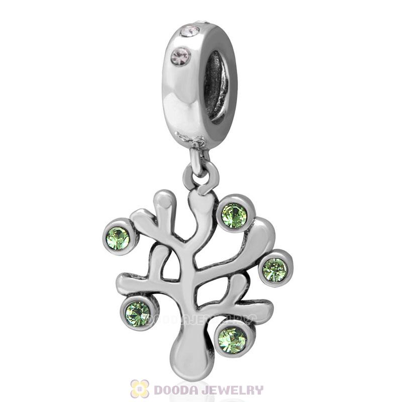 925 Sterling Silver Family Tree Dangle Charm with Peridot Austrian Crystal