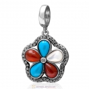 925 Sterling Silver Dangle Natural Turquoise Clear Cz Flower Charm