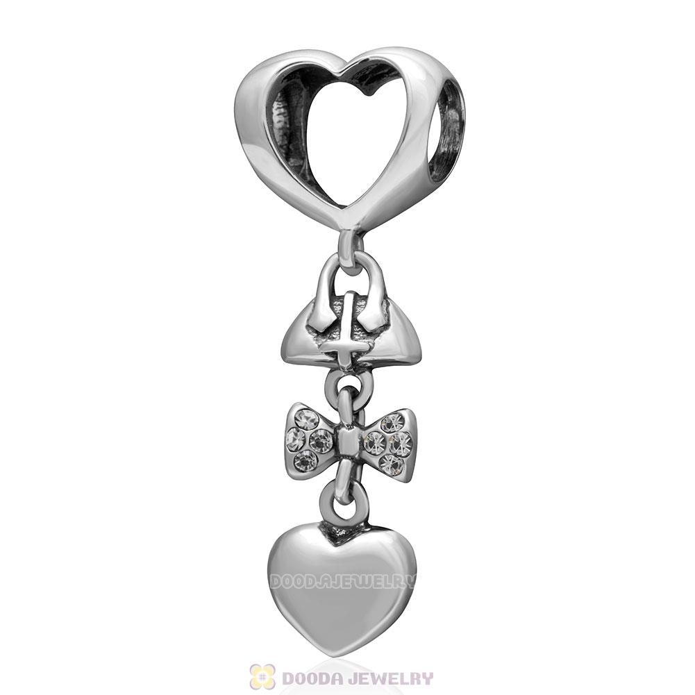 925 Sterling Silver Fashionably Tied Charm with Clear Austrian Crystals 