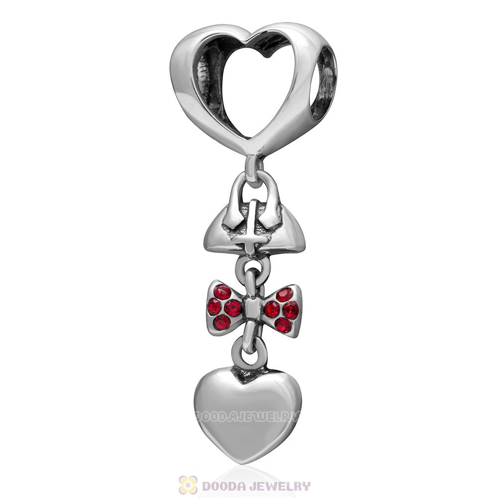 925 Sterling Silver Fashionably Tied Charm with Lt Siam Austrian Crystals