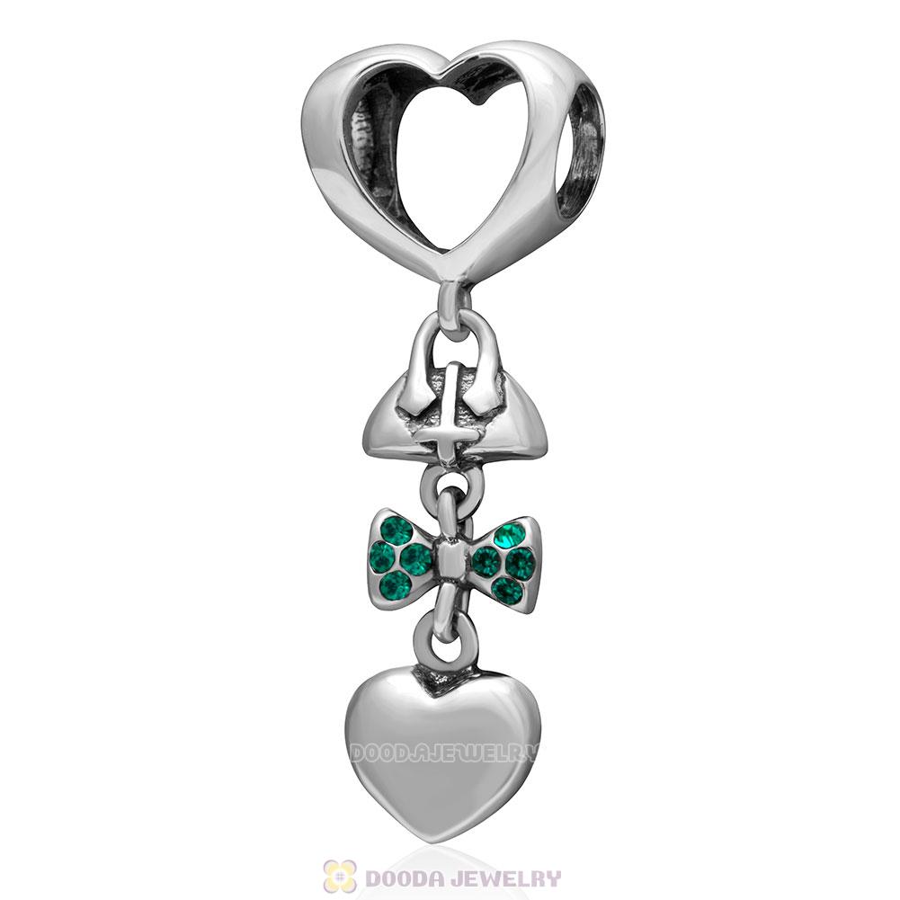 925 Sterling Silver Fashionably Tied Charm with Emerald Austrian Crystals