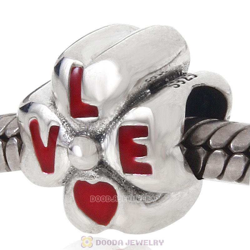 925 Sterling Silve Love Four Leaf Clover Bead with Red Enamel