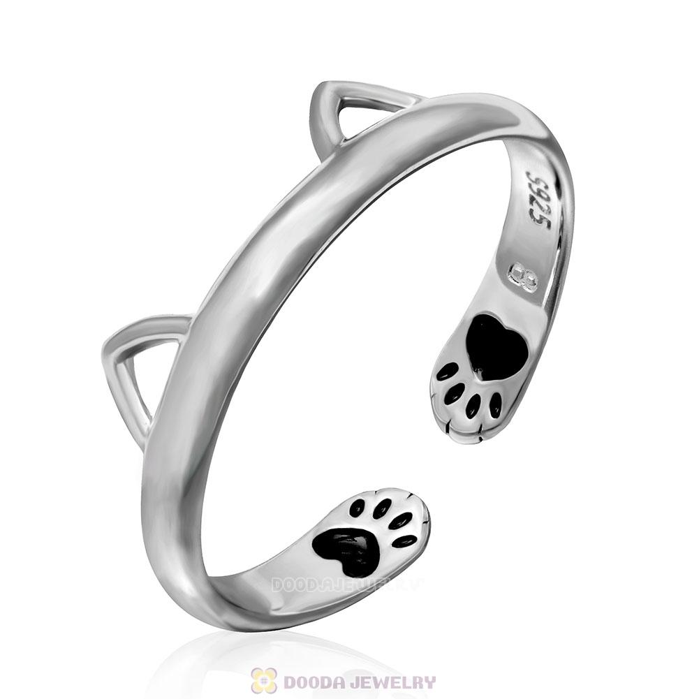 European 925 Sterling Silver Cute Cat Open Adjustable Rings