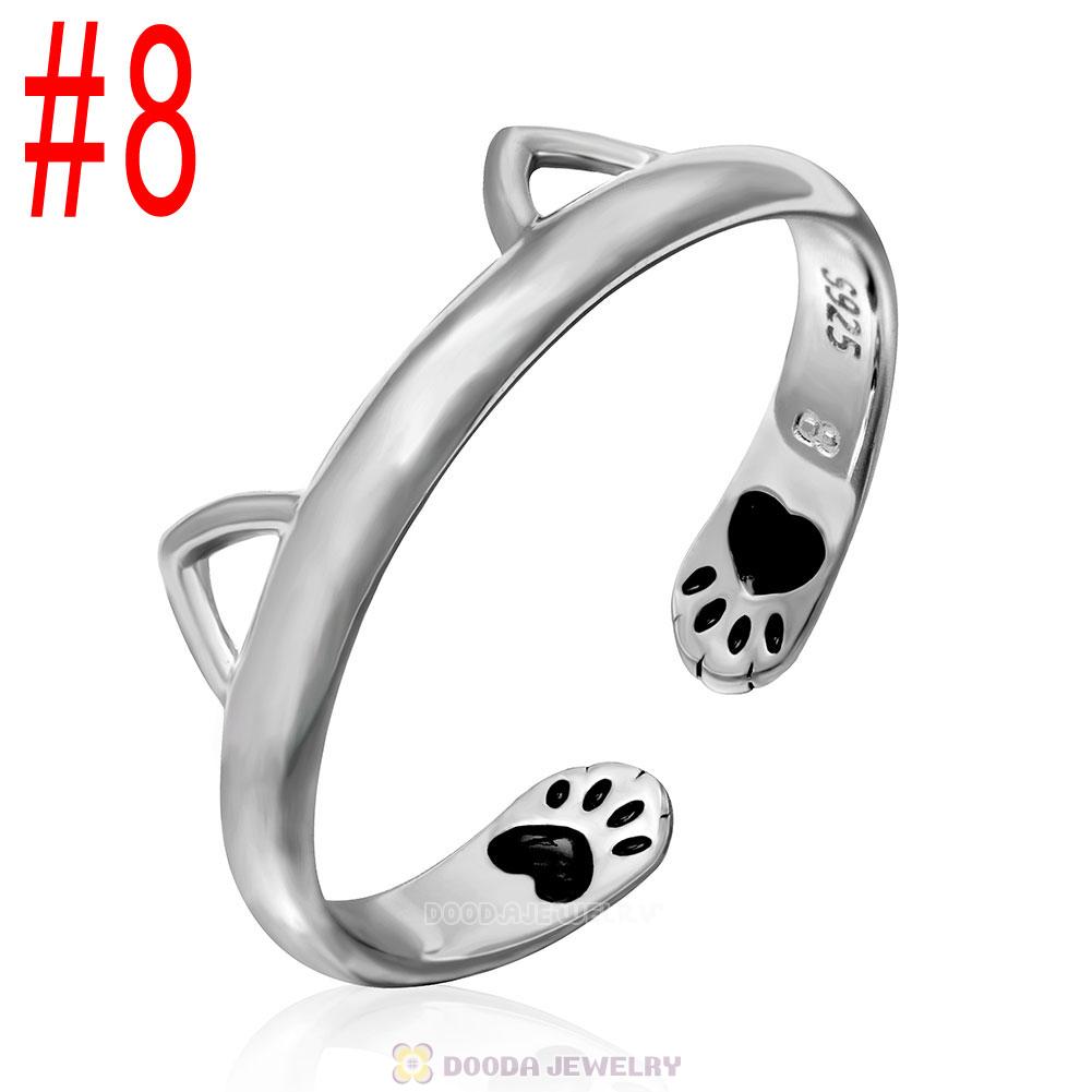 European 925 Sterling Silver Cute Cat Open Adjustable Rings