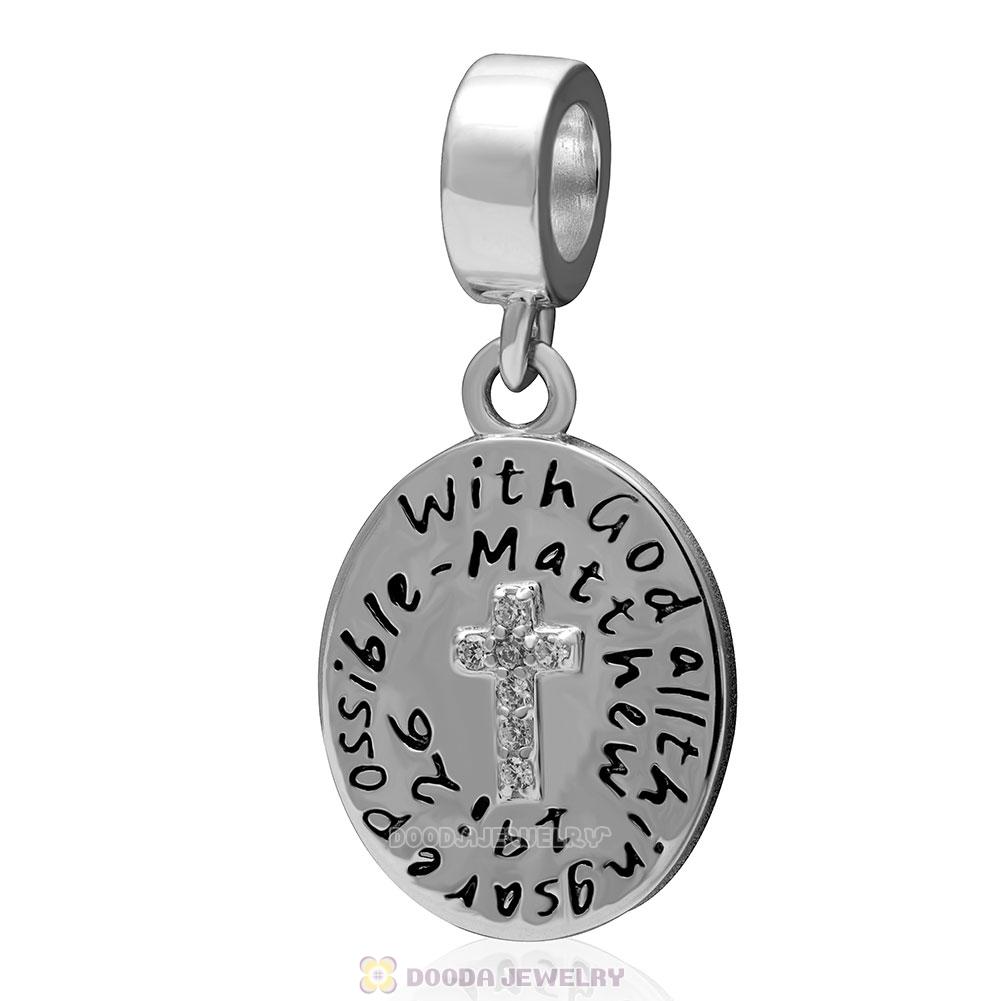  925 Sterling Silver Cross Charm Dangle Bead with Clear Stone