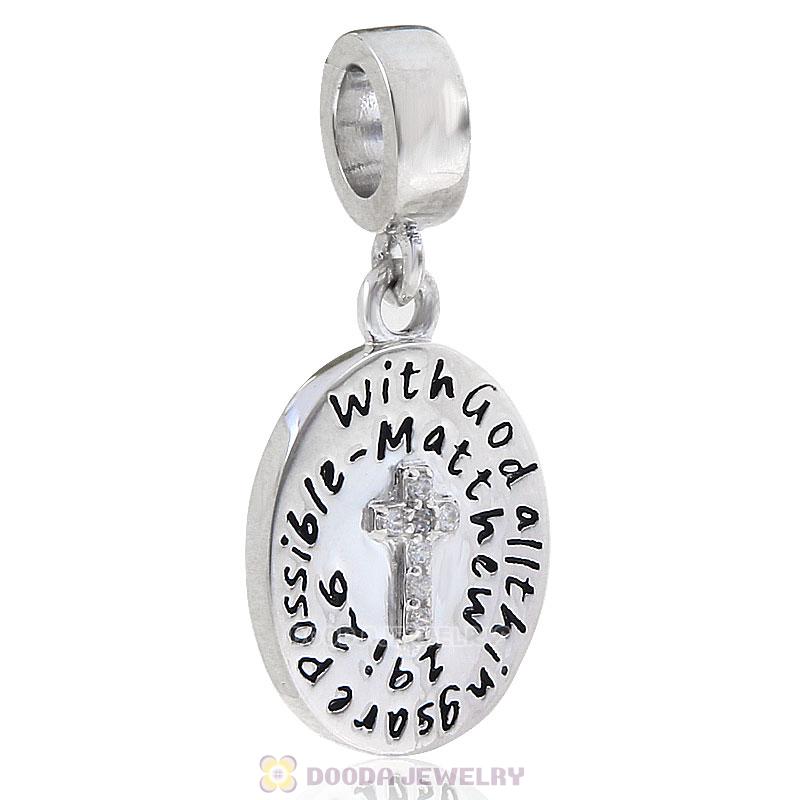  925 Sterling Silver Cross Charm Dangle Bead with Clear Stone