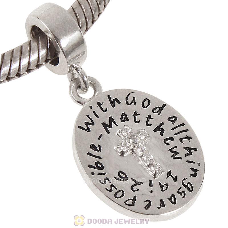  925 Sterling Silver Cross Charm Dangle Bead with Clear Stone