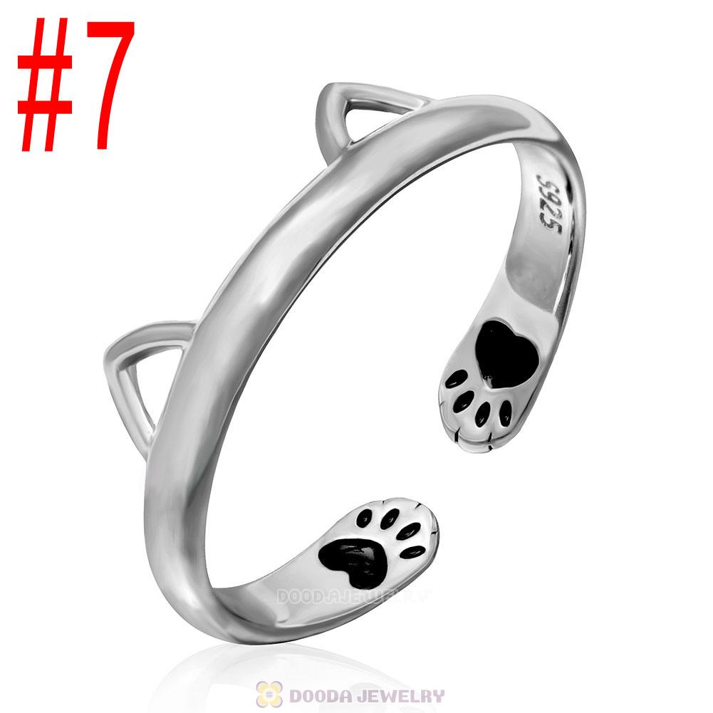 European 925 Sterling Silver Cute Cat Open Adjustable Rings