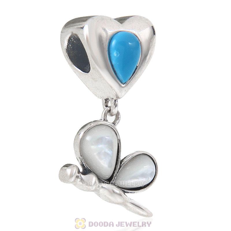  925 Sterling Silver Natural Blue Turquoise Fairy Love Dangle Charm