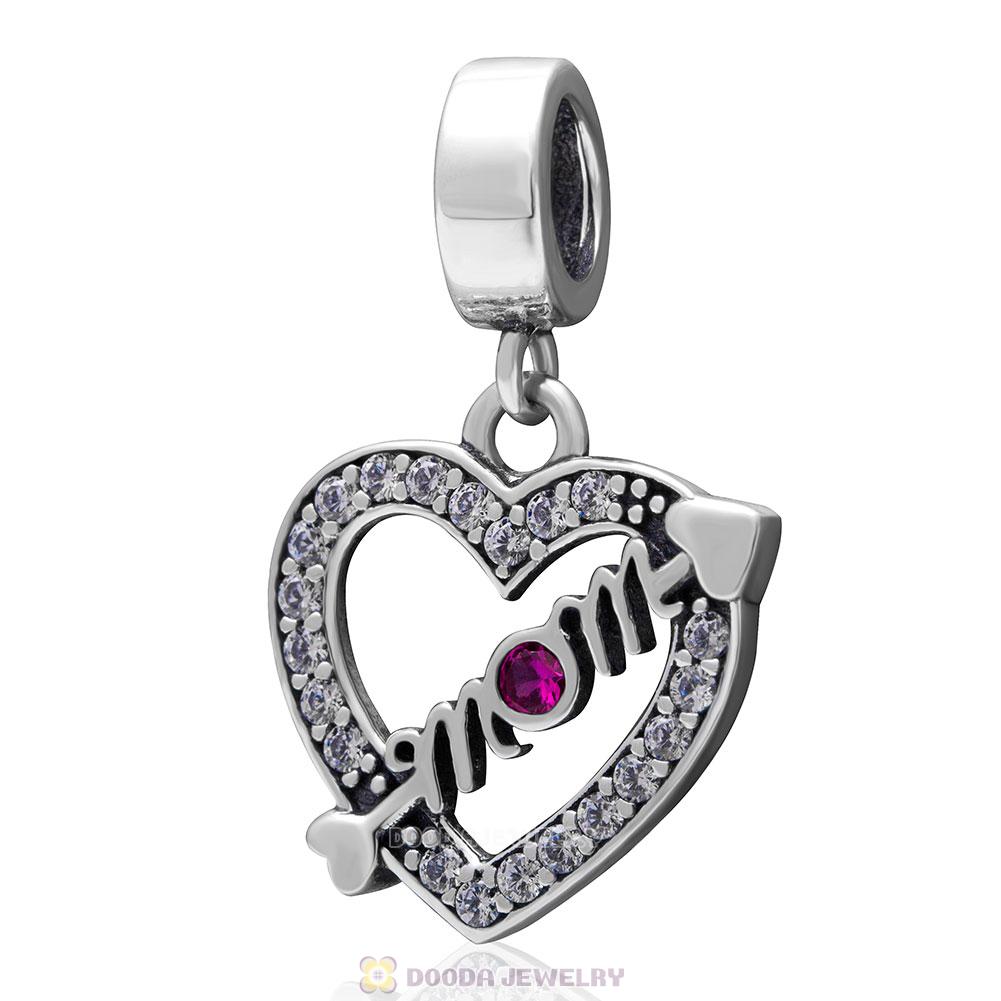 925 Sterling Silver Love Mom Arrow Heart Dangle Charm