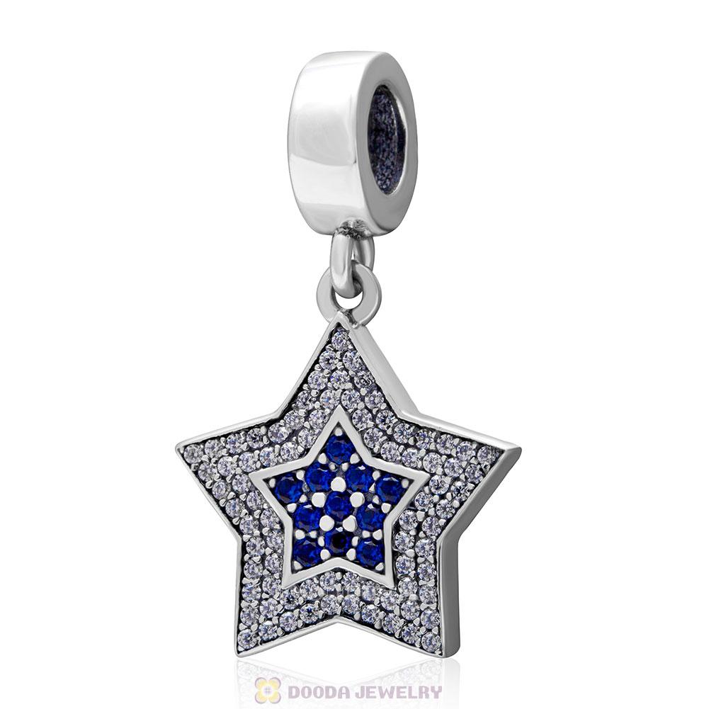 925 Sterling Silver Clear Blue Pave Aspiration Star Charm Pendant