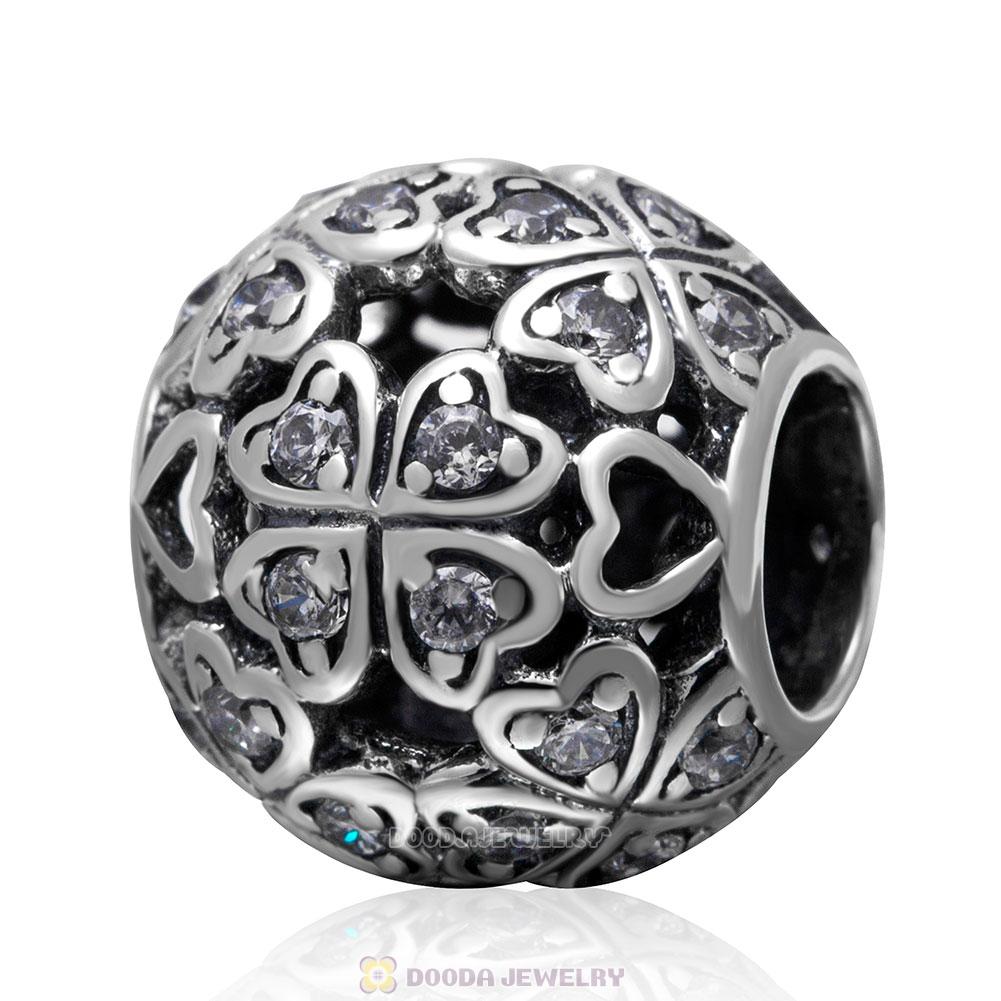 925 Sterling Silver Pave Lucky Four Leaf Clover with Clear Stone Charm Bead