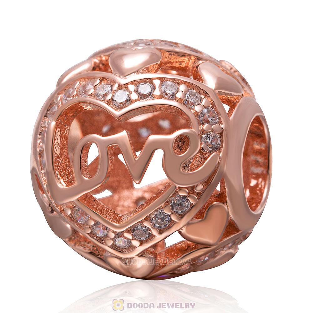 925 Sterling Silver Rose Gold Love Charm Bead with Clear Stone